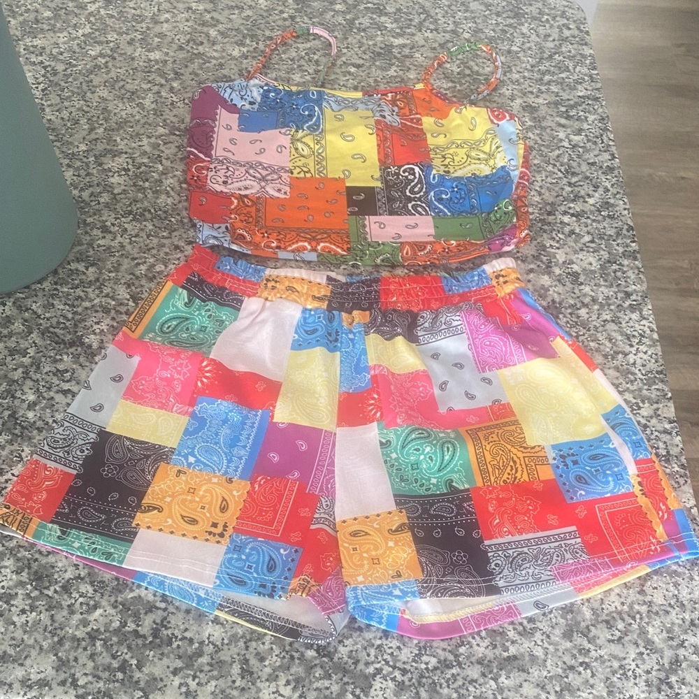 LOVE J Patchwork tank Crop Top and Shorts Set